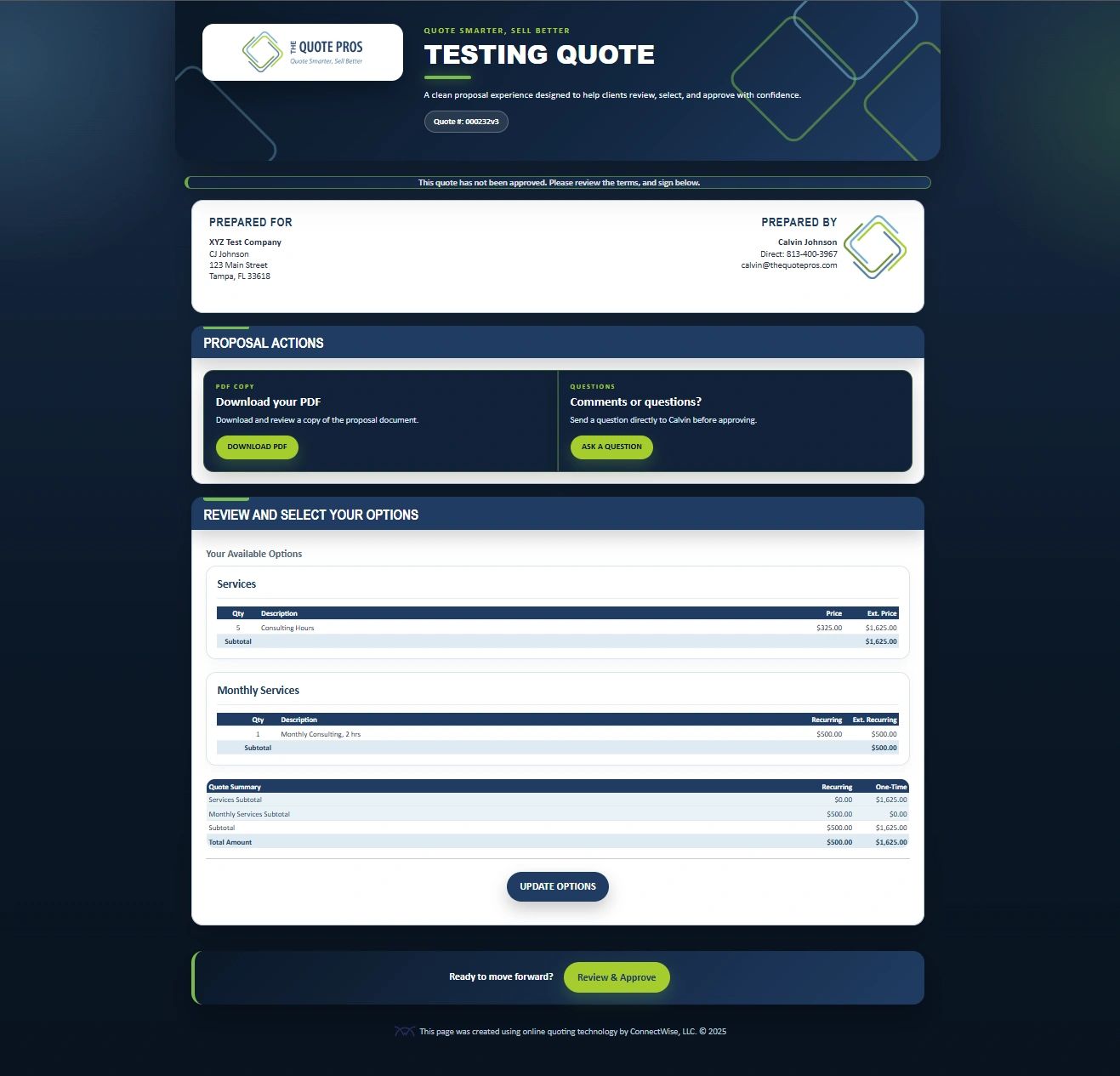 Custom branded Quote Pros Order Porter proposal example
